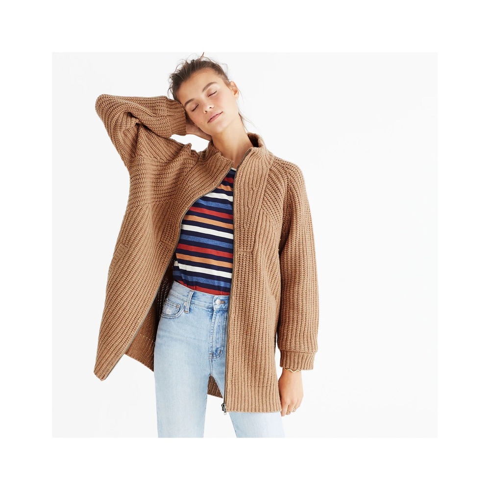 Madewell Women 100% Merino Wool Cardigan S Tan Ribbed Oversized Zip Sweater